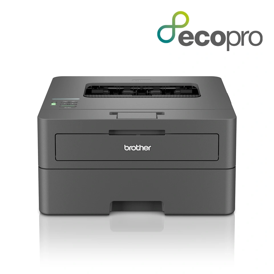 Brother HL-L2400DWE laser noire, appareil entier vu de face avec logo EcoPro sur le visuel constructeur.