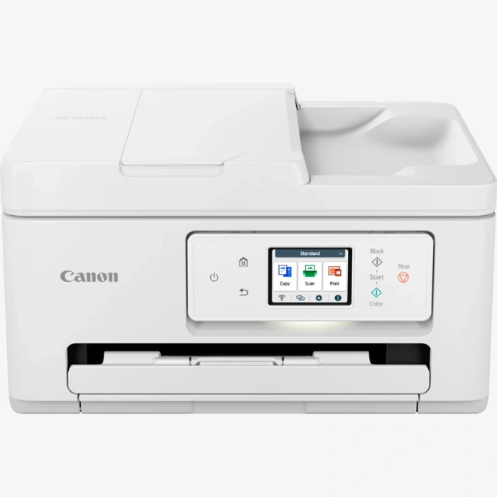 Canon PIXMA TS7750i blanche exacte, vue entière de face : chargeur d’originaux au-dessus du scanner.