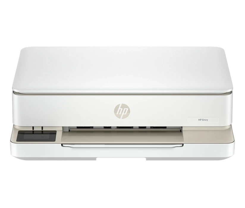 HP ENVY 6120e exacte, vue entière de face avec capot fermé et sans chargeur d’originaux supérieur.