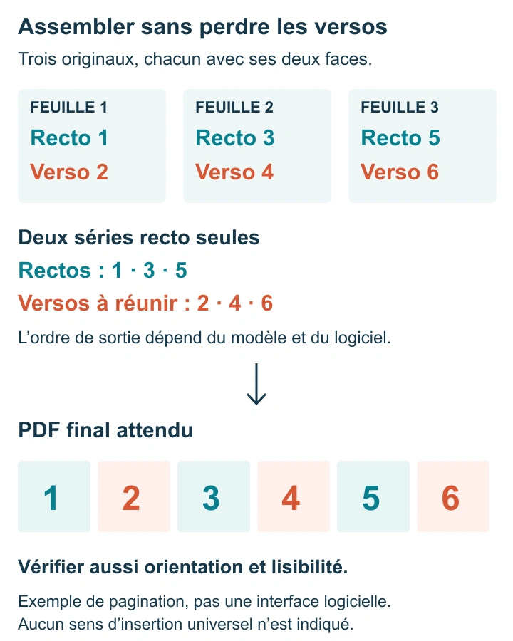 Trois originaux recto verso : les paires 1 et 2, 3 et 4, 5 et 6 doivent devenir un PDF ordonné de 1 à 6, et non les rectos suivis des versos.