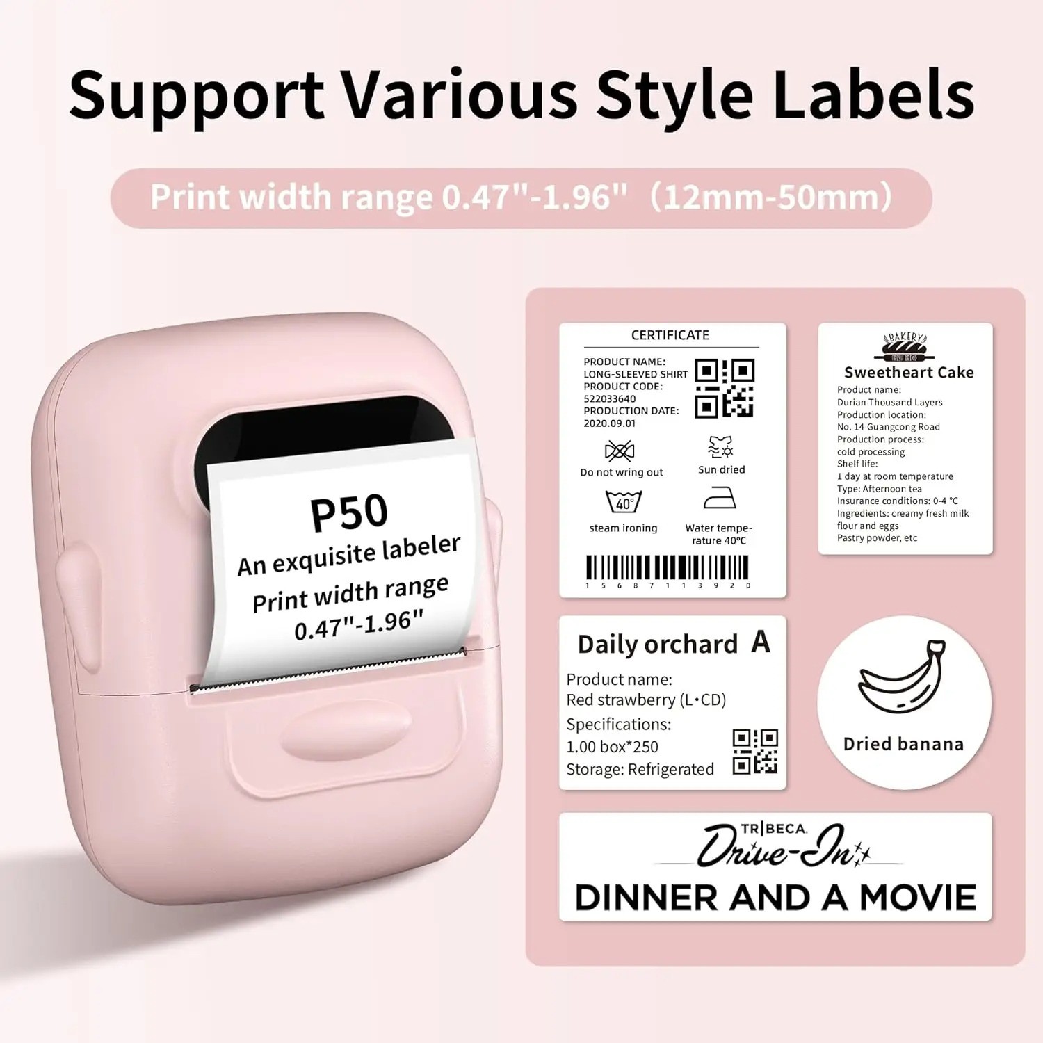 MARKLIFE P50 rose, vue avec exemples d’étiquettes